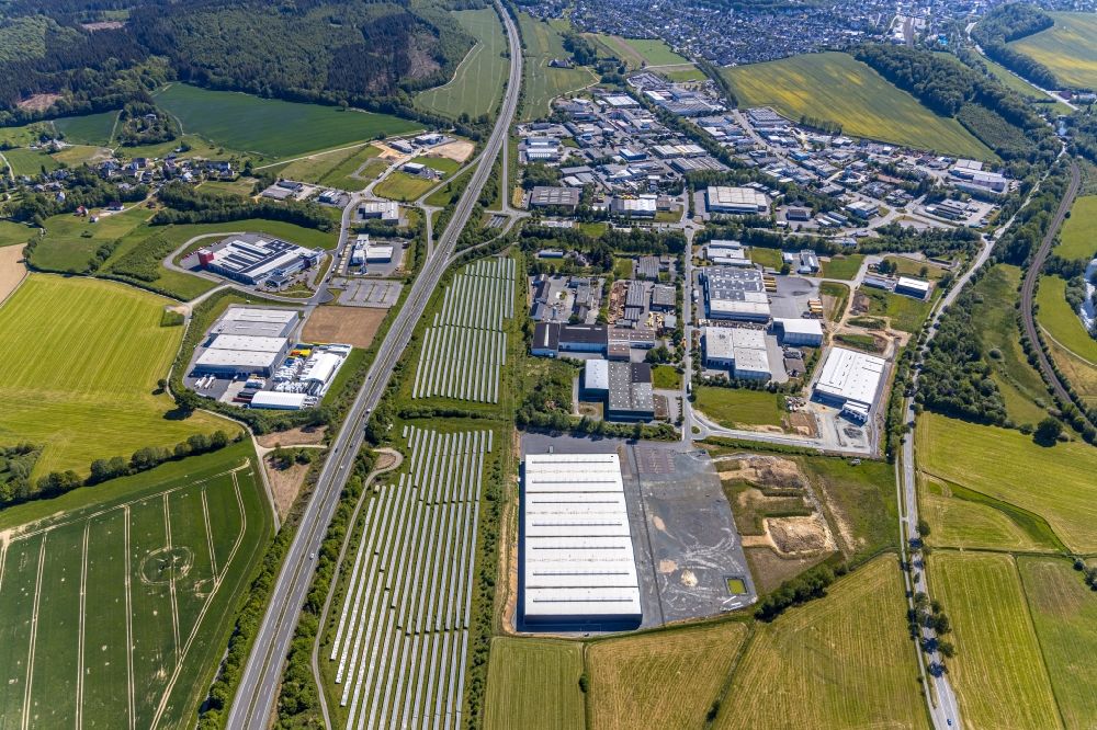 Meschede from above - Industrial estate and company settlement along the BAB A46 - Enster Strasse in Meschede in the state North Rhine-Westphalia, Germany