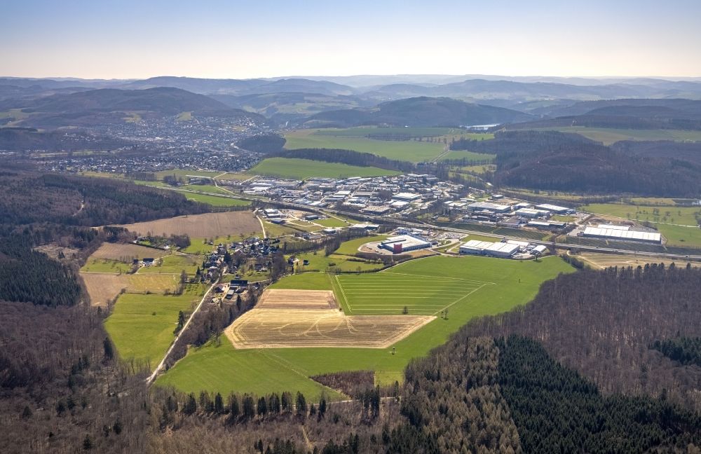 Aerial photograph Meschede - Industrial estate and company settlement along the BAB A46 - Enster Strasse in Meschede at Sauerland in the state North Rhine-Westphalia, Germany