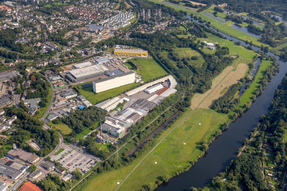 Essen from the bird's eye view: Industrial estate and company settlement along the Ruhrau in Essen in the state North Rhine-Westphalia, Germany