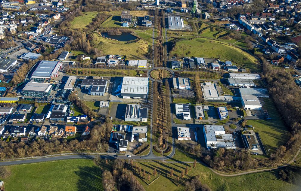 Castrop-Rauxel from above - Industrial estate and company settlement Erin-Park on street Erinstrasse in Castrop-Rauxel at Ruhrgebiet in the state North Rhine-Westphalia, Germany