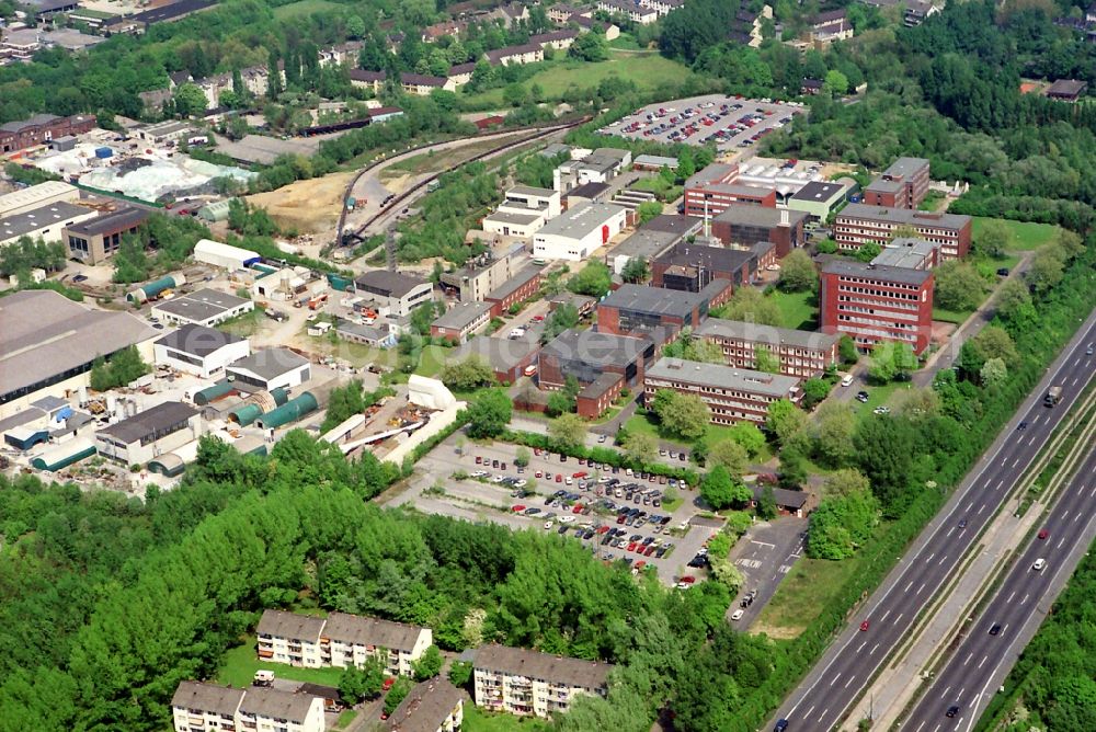 Essen from the bird's eye view: Commercial area and companies settling on former Schacht Hubert in Frillendorf district in Essen in North Rhine-Westphalia