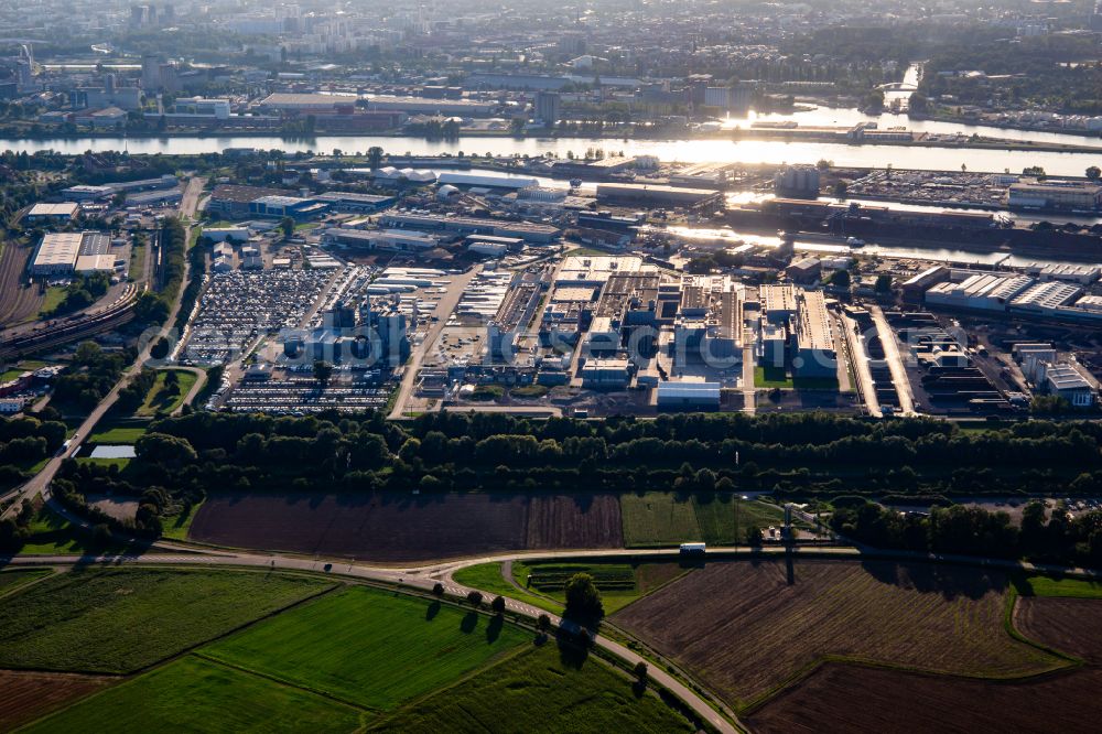 Kehl from the bird's eye view: Industrial estate and company settlement Firma Koehler Paper Kehl GmbH at the Rhine harbour in Kehl in the state Baden-Wurttemberg, Germany