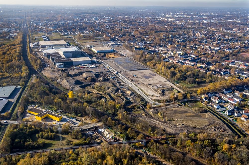 Aerial photograph Gelsenkirchen - Industrial estate and company settlement Bruesseler Strasse in the district Gelsenkirchen-Mitte in Gelsenkirchen in the state North Rhine-Westphalia
