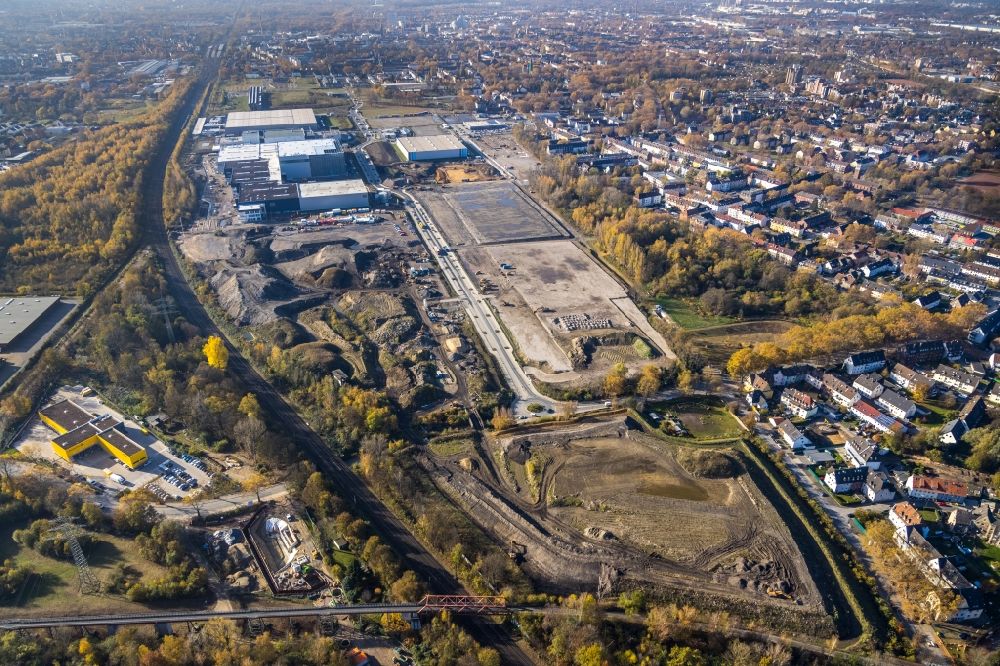 Gelsenkirchen from above - Industrial estate and company settlement Bruesseler Strasse in the district Gelsenkirchen-Mitte in Gelsenkirchen in the state North Rhine-Westphalia