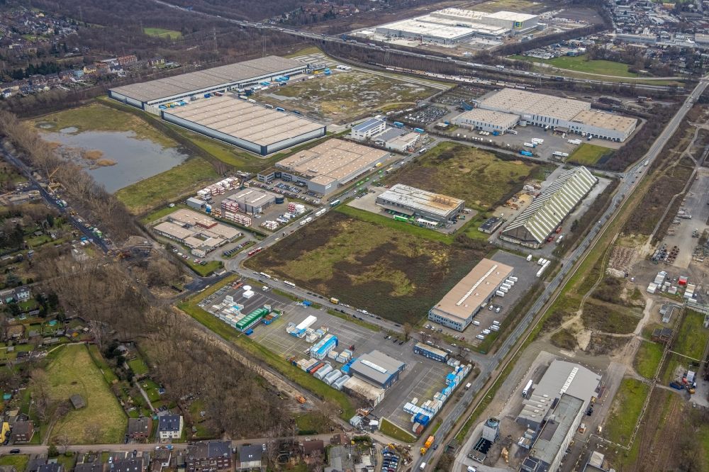 Oberhausen from above - Industrial estate and company settlement des Gewerbepark Waldteich with development area and building land - wasteland Im Waldteich in Oberhausen at Ruhrgebiet in the state North Rhine-Westphalia, Germany