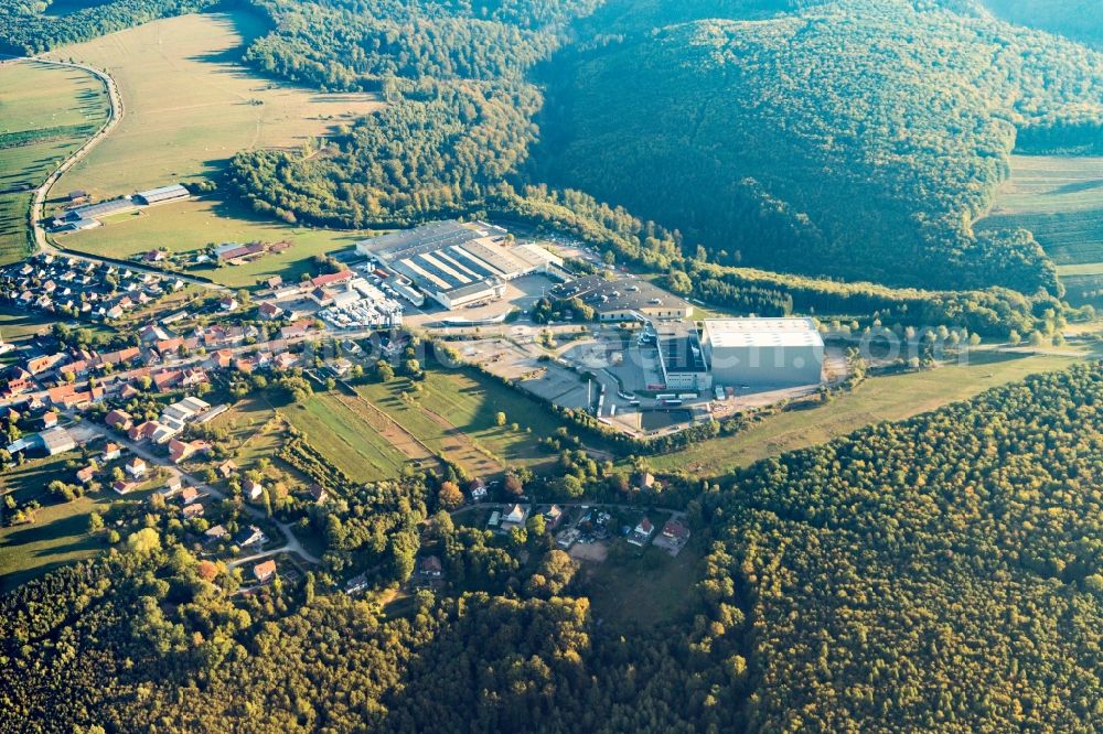 Petersbach from the bird's eye view: Industrial estate and company settlement with Grands Chais de France and Wineshop Ice par Blanc Foussy in Petersbach in Grand Est, France