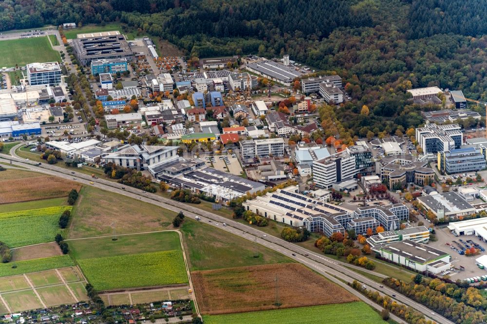 Aerial photograph Freiburg im Breisgau - Industrial estate and company settlement Haid in Freiburg im Breisgau in the state Baden-Wurttemberg, Germany