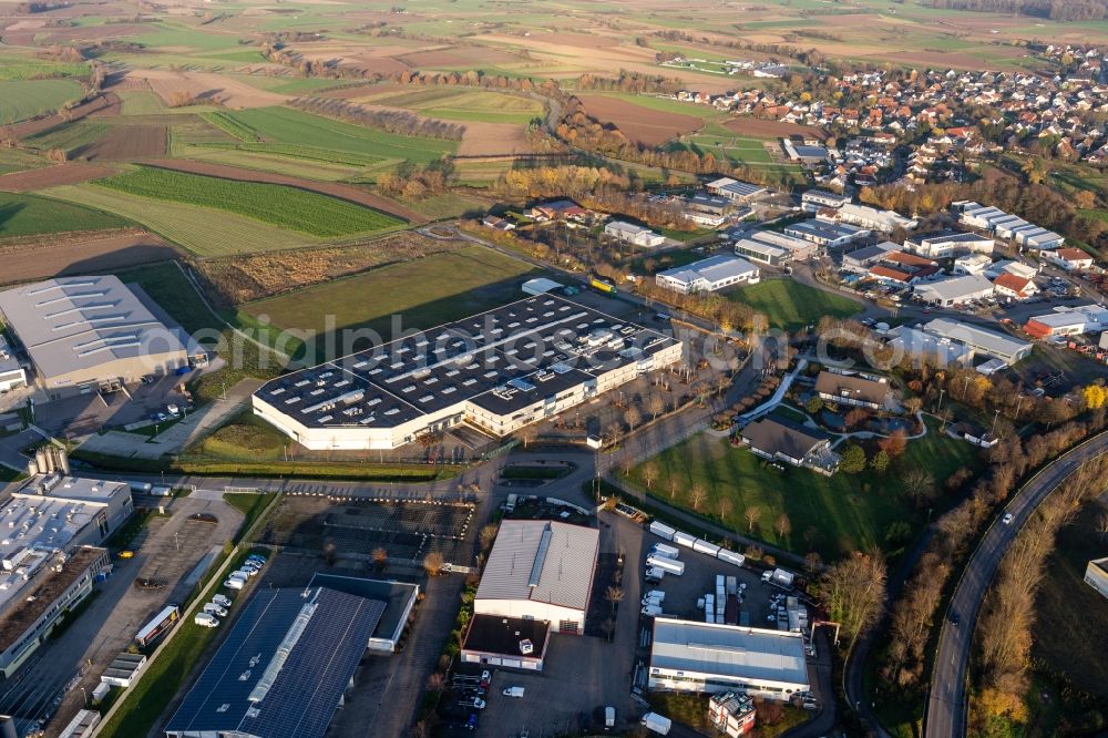 Aerial photograph Willstätt - Industrial estate and company settlement with hall of TBV Kuehlfahrzeuge GmbH and ORSAY GmbH in the district Sand in Willstaett in the state Baden-Wurttemberg, Germany