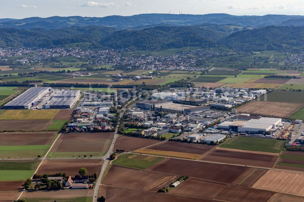 Heddesheim from the bird's eye view: Industrial estate and company settlement on A5 be4work GmbH in Heddesheim in the state Baden-Wuerttemberg, Germany