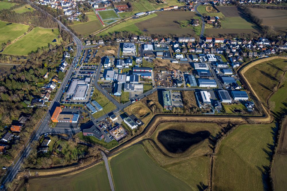 Aerial photograph Hamm - Industrial estate and company settlement Herbert-Rust-Weg and Soester Strasse with the companies ATI-Aquaristik, myprintdesign GmbH, Systemhaus Cramer GmbH und Autohaus Schmidt GmbH & Co.KG in Hamm in the state North Rhine-Westphalia