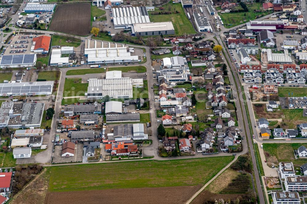 Endingen am Kaiserstuhl from the bird's eye view: Industrial estate and company settlement on Holderacker Strasse in Endingen am Kaiserstuhl in the state Baden-Wurttemberg, Germany