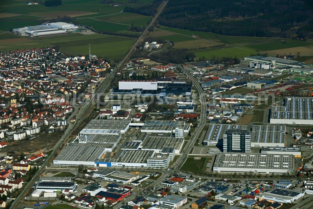 Mindelheim from above - Industrial estate and company settlement Industrie- and Gewerbepark Unterallgaeu in Mindelheim in the state Bavaria, Germany
