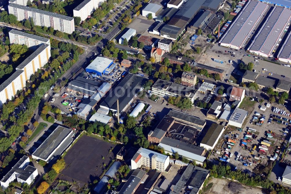 Aerial image Berlin - View of the commercial and industrial area Herzbergstrasse in Berlin - Lichtenberg. The area between Vulkanstrasse and Siegfriedstrasse was known as an important industrial base in the past centuries and is location to several landmarked buildings