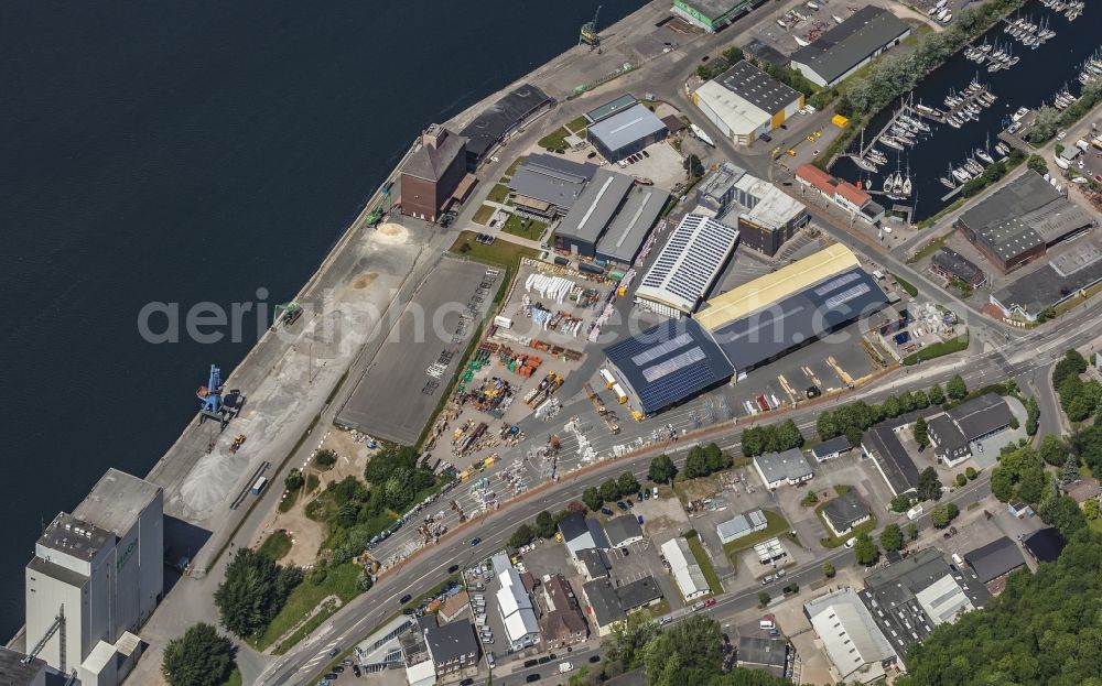 Flensburg from the bird's eye view: Industrial estate and company settlement Am Industriehafen in the district Fruerlund in Flensburg in the state Schleswig-Holstein, Germany