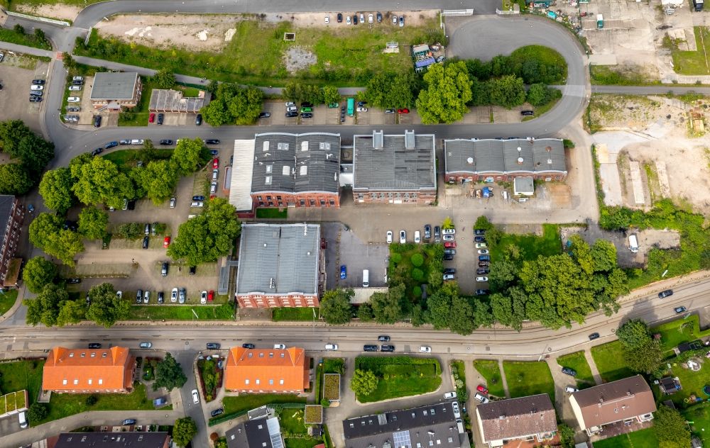 Essen from the bird's eye view: Industrial estate and company settlement on Katernberger Strasse in Essen in the state North Rhine-Westphalia, Germany