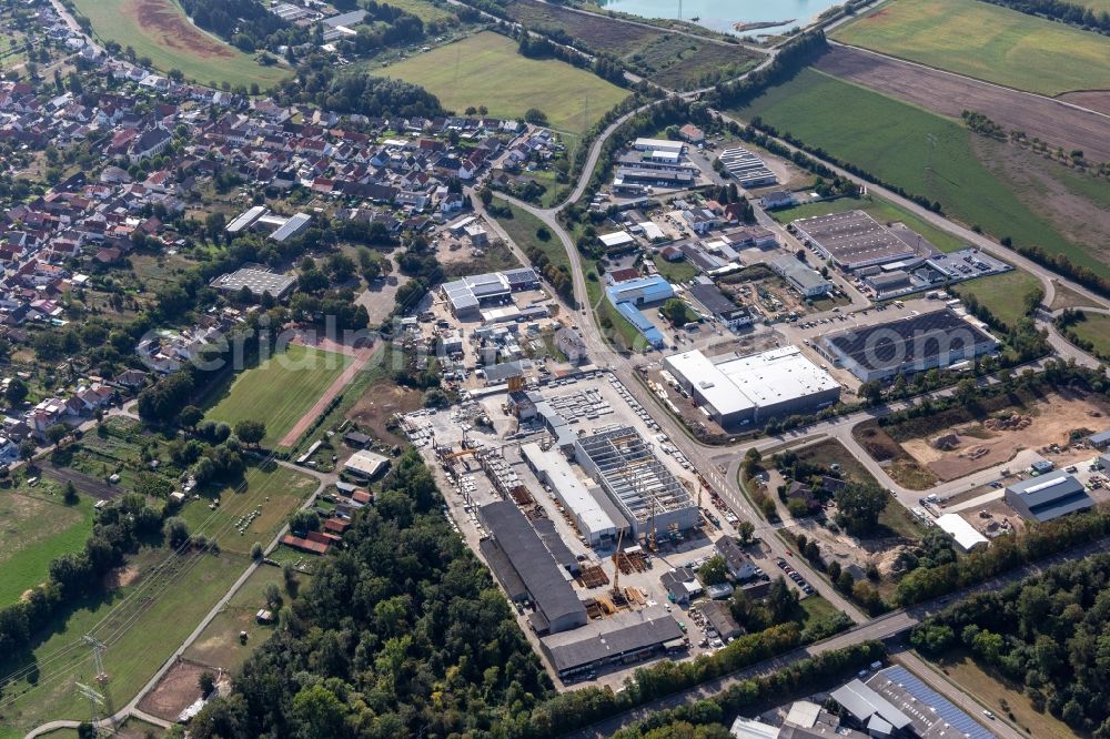 Aerial image Huttenheim - Industrial estate and company settlement In of Kuhweid with SAB Trade & Services GmbH, Frank and Waldenberger GmbH, airwasol and Ledo Plus in Huttenheim in the state Baden-Wuerttemberg, Germany
