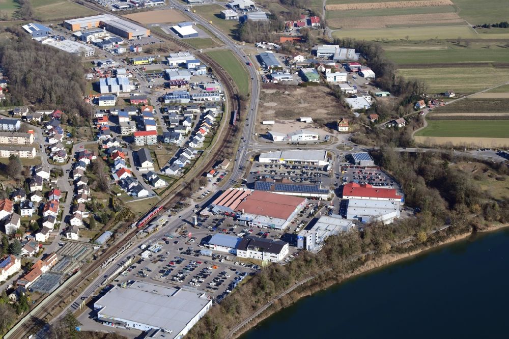 Laufenburg from the bird's eye view: Industrial estate and company settlement in Laufenburg at the river Rhine in the state Baden-Wurttemberg