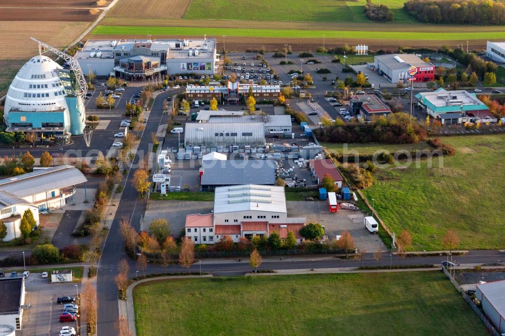 Dettelbach from the bird's eye view: Industrial estate and company settlement Mainfrankenpark with Cineworld-Cineplex and Thermo King Transportkaelte in Dettelbach in the state Bavaria, Germany