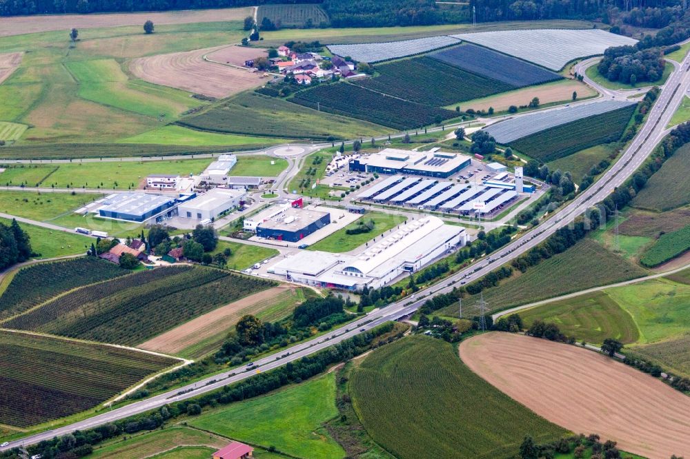 Aerial photograph Stockach - Industrial estate and company settlement with MEGA Stockach Das Fach-Zentrum for the Metzgerei and Gastronomie GmbH in Stockach in the state Baden-Wurttemberg, Germany