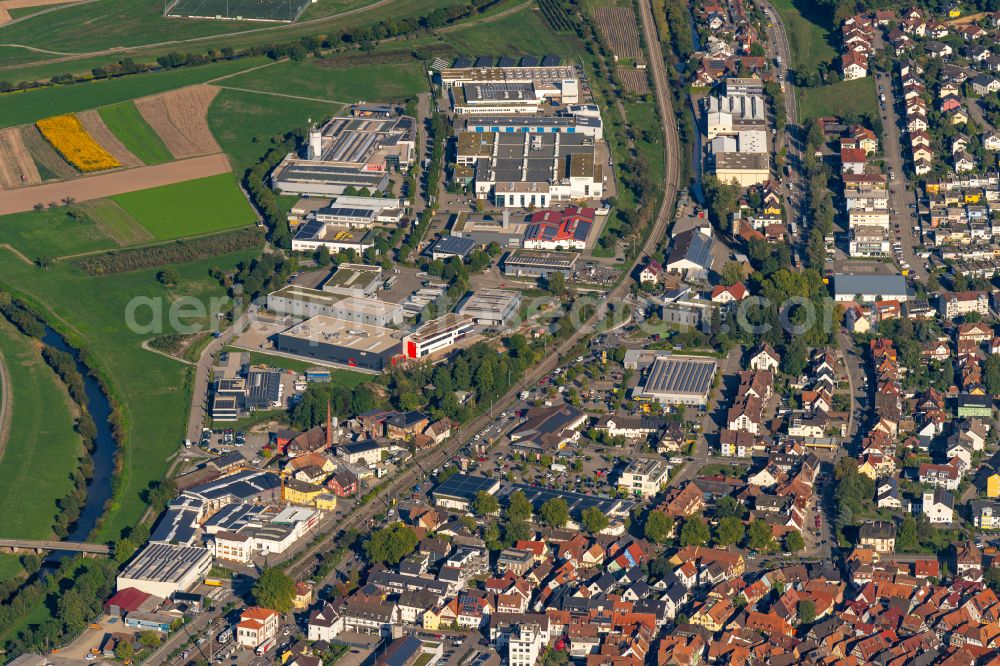 Haslach im Kinzigtal from the bird's eye view: Industrial estate and company settlement in Muehlgruen on street Im Muehlegruen in Haslach im Kinzigtal in the state Baden-Wuerttemberg, Germany