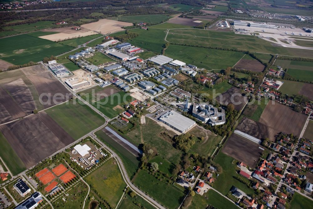 Hallbergmoos from above - Industrial estate and company settlement Nord-West 3 along the Ludwigstrasse in Hallbergmoos in the state Bavaria