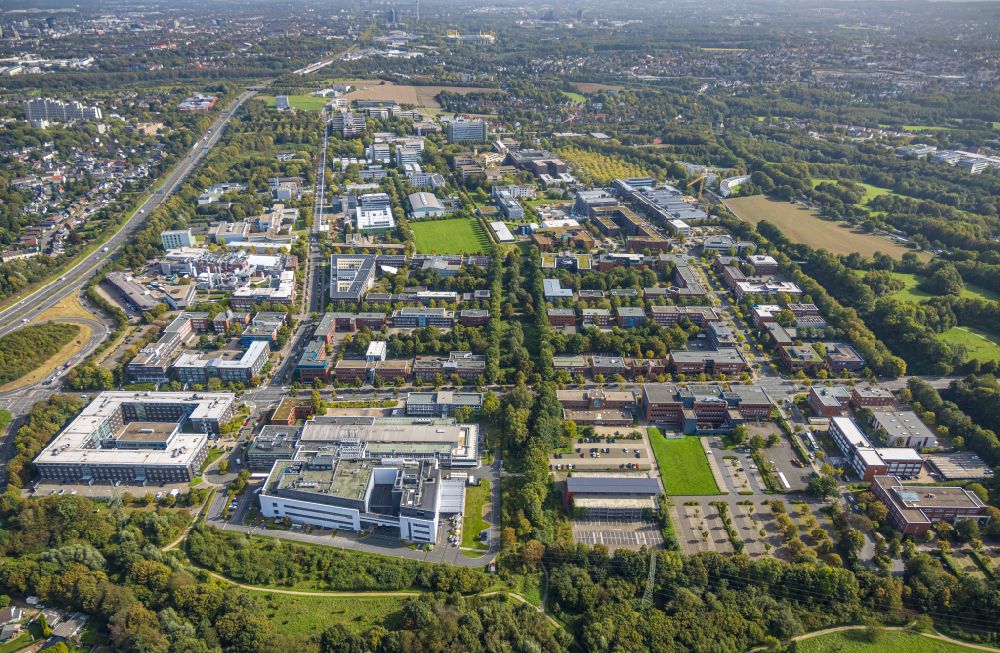 Dortmund from above - Industrial estate and company settlement along the Otto-Hahn-Strasse - Emil-Figge-Strasse - Hauert in the district Barop in Dortmund in the state North Rhine-Westphalia, Germany