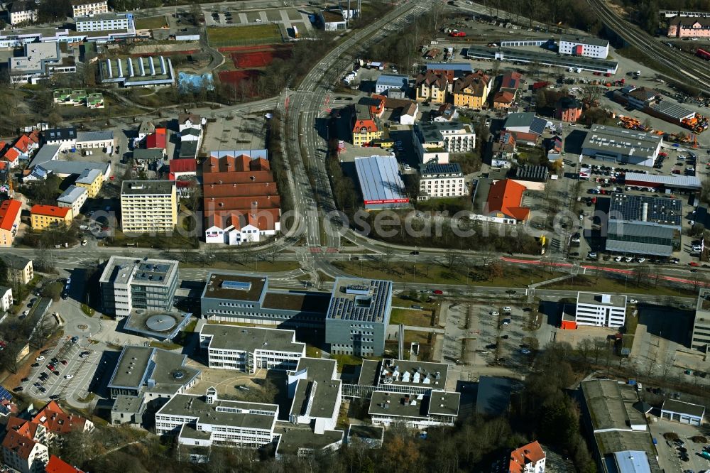 Aerial photograph Kempten (Allgäu) - Industrial estate and company settlement Bahnhofstrasse - Calgeerstrasse - Schumacherring - Wiesstrasse in the district Dreifaltigkeit in Kempten (Allgaeu) in the state Bavaria, Germany