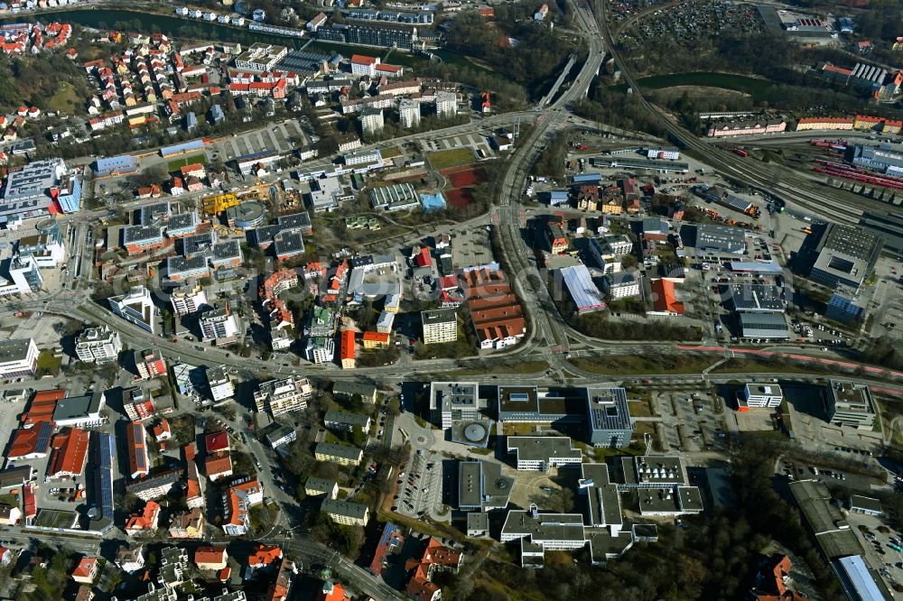 Kempten (Allgäu) from the bird's eye view: Industrial estate and company settlement Bahnhofstrasse - Calgeerstrasse - Schumacherring - Wiesstrasse in the district Dreifaltigkeit in Kempten (Allgaeu) in the state Bavaria, Germany