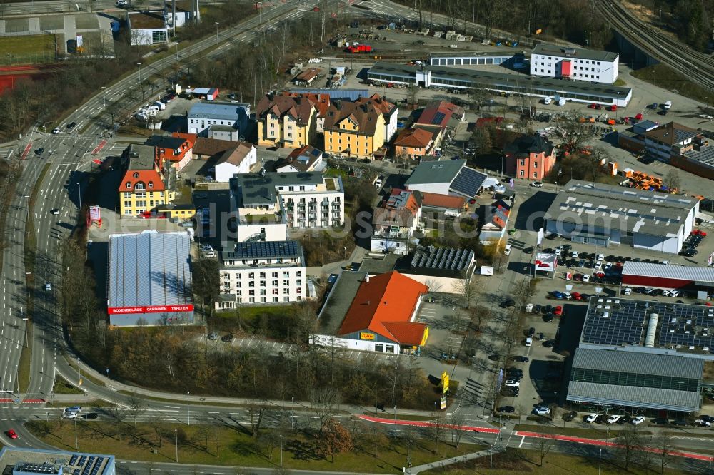 Aerial photograph Kempten (Allgäu) - Industrial estate and company settlement Bahnhofstrasse - Calgeerstrasse - Schumacherring - Wiesstrasse in the district Dreifaltigkeit in Kempten (Allgaeu) in the state Bavaria, Germany