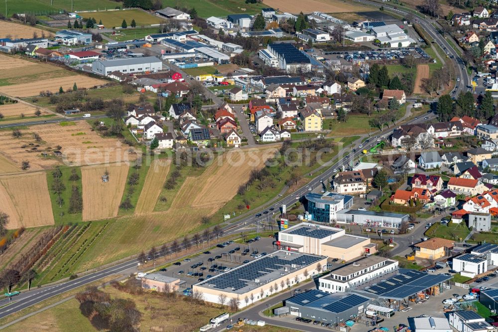 Ettenheim from above - Industrial estate and company settlement Radackern 4, in Ettenheim in the state Baden-Wurttemberg, Germany