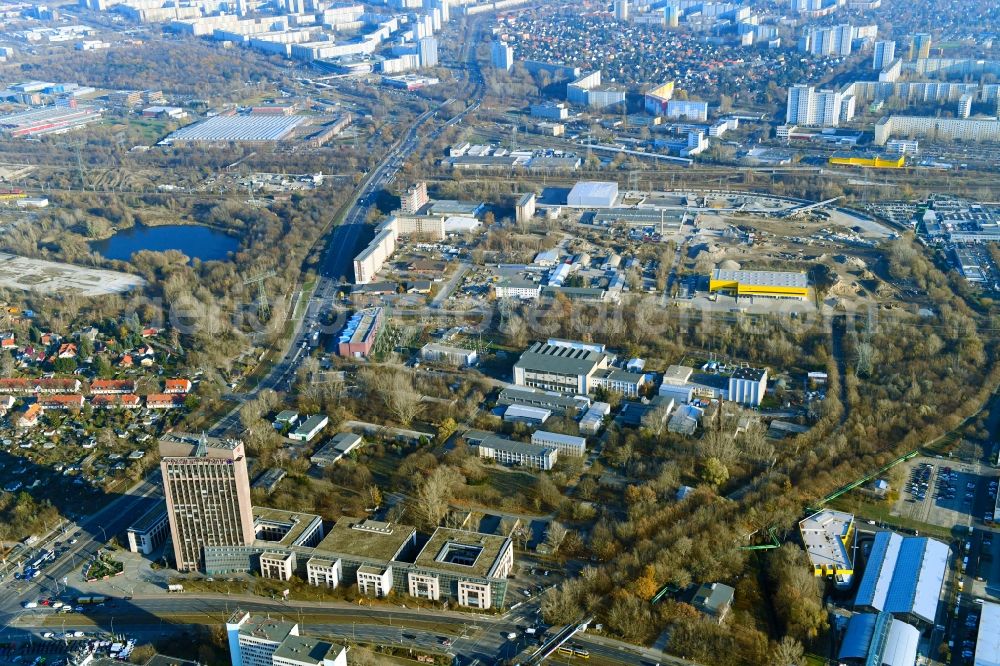 Berlin from above - Industrial estate and company settlement Rhinstrasse - Pyramidenring - Frank-Zappa-Strasse - Landsberger Allee in the district Marzahn in Berlin, Germany