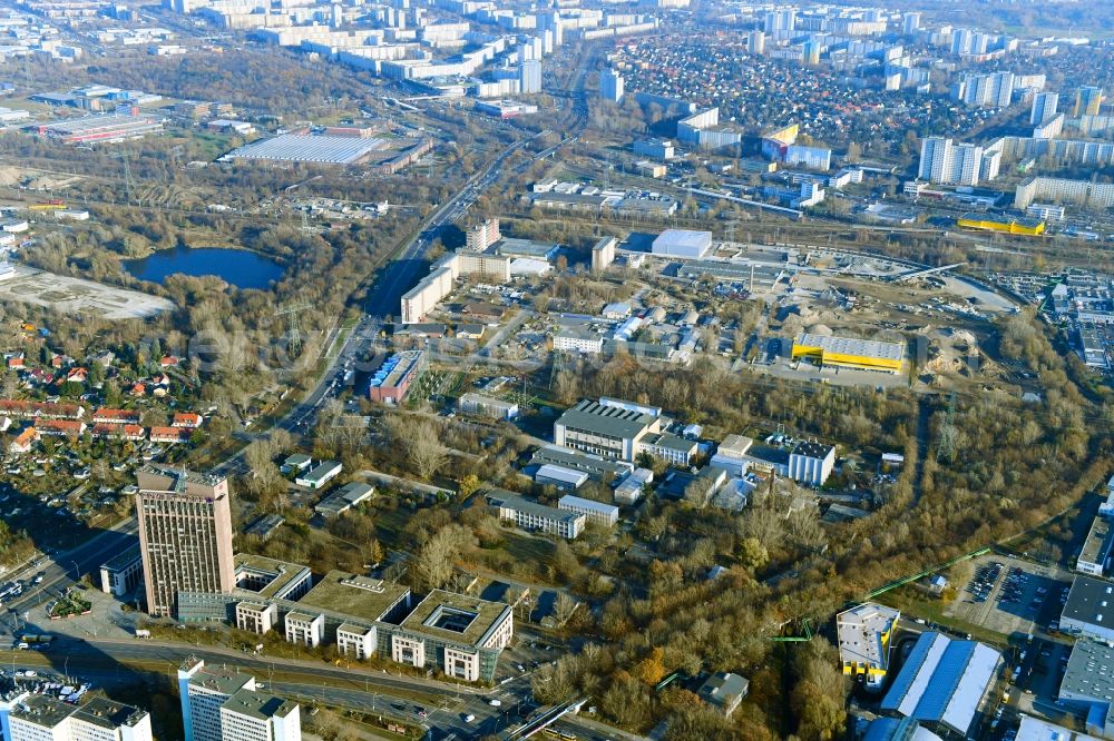 Berlin from the bird's eye view: Industrial estate and company settlement Rhinstrasse - Pyramidenring - Frank-Zappa-Strasse - Landsberger Allee in the district Marzahn in Berlin, Germany