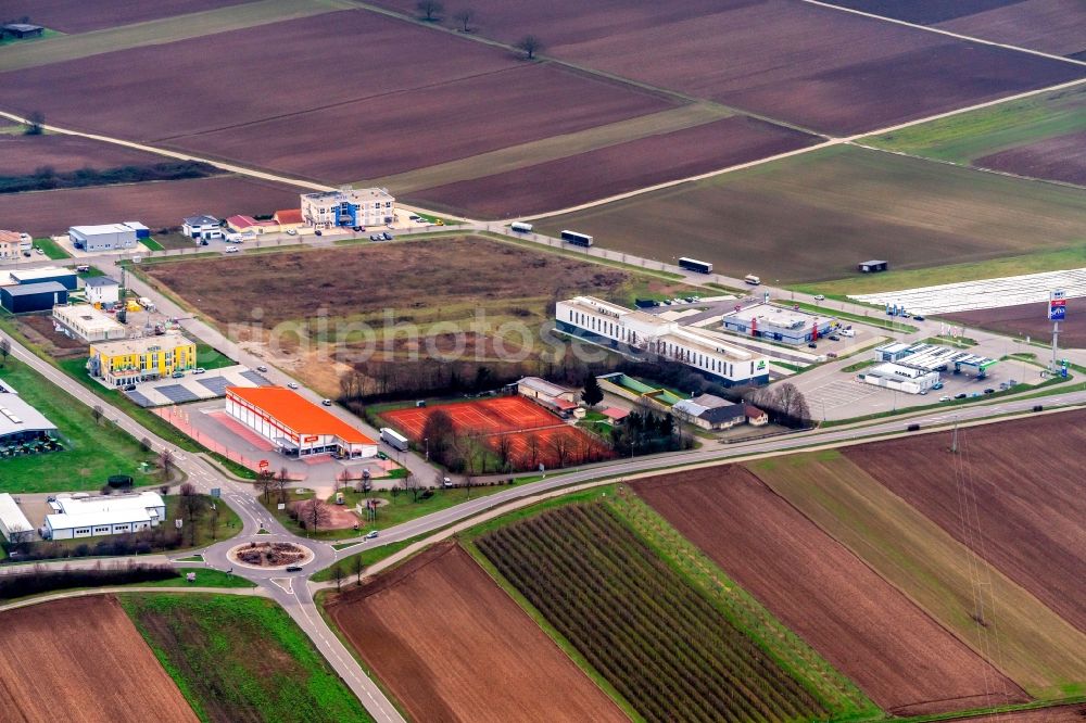 Ringsheim from the bird's eye view: Industrial estate and company settlement Ringsheim West in Ringsheim in the state Baden-Wurttemberg, Germany