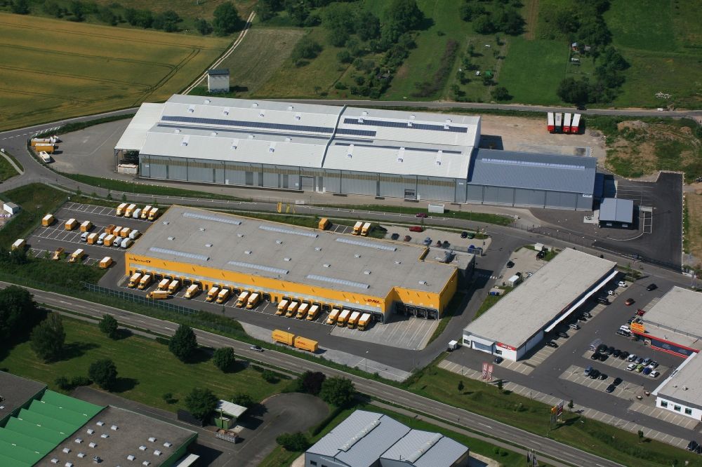 Aerial image Efringen-Kirchen - Industrial estate and company settlement Schloettle with the sort facility of DHL and building of Acito logistics in the district Efringen in Efringen-Kirchen in the state Baden-Wurttemberg, Germany