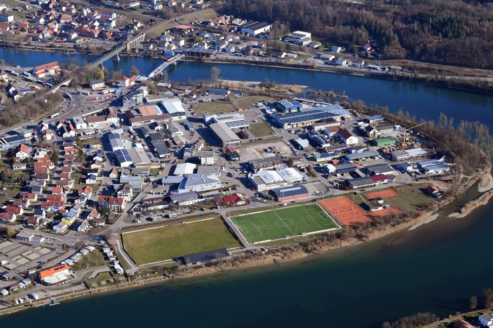 Aerial photograph Waldshut-Tiengen - Industrial estate and company settlement Schmittenau at the river Rhine in Waldshut-Tiengen in the state Baden-Wurttemberg, Germany