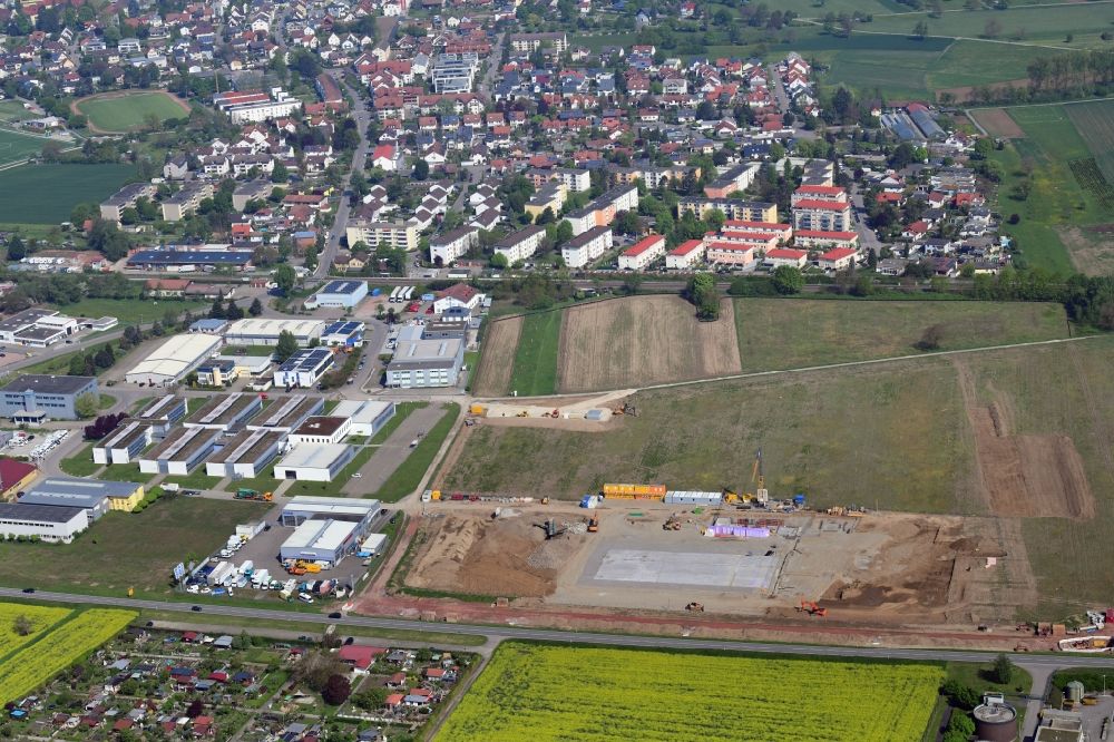 Rheinfelden (Baden) from above - Earthworks for the company administration building of the Pharma Company Fisher Clinical Services in the industrial area Sengern in Rheinfelden (Baden) in the state Baden-Wurttemberg, Germany