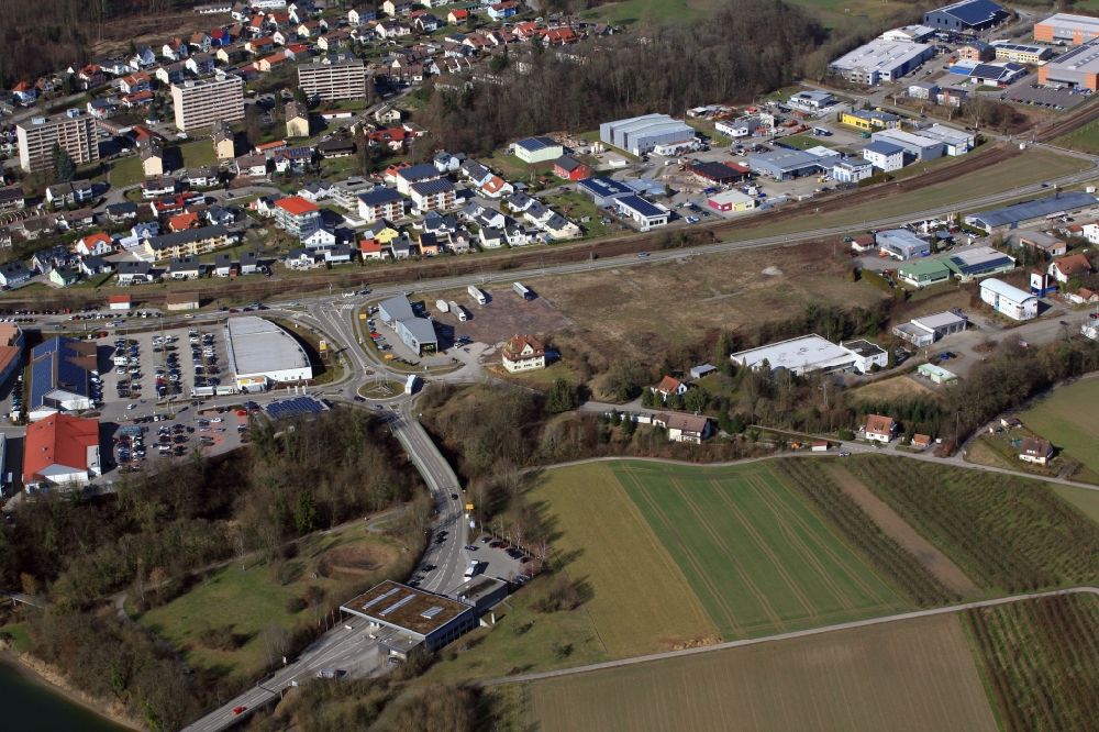 Laufenburg from the bird's eye view: Industrial estate and company settlement on Stadtweg in Laufenburg in the state Baden-Wuerttemberg, Germany