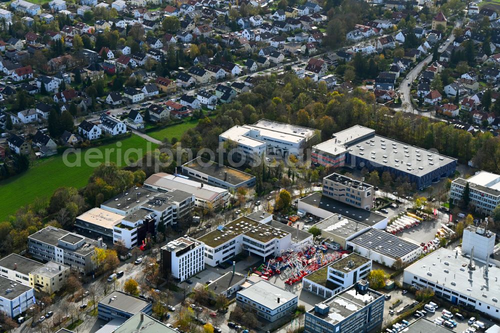 München from above - Industrial estate and company settlement on street Stahlgruberring in the district Trudering-Riem in Munich in the state Bavaria, Germany