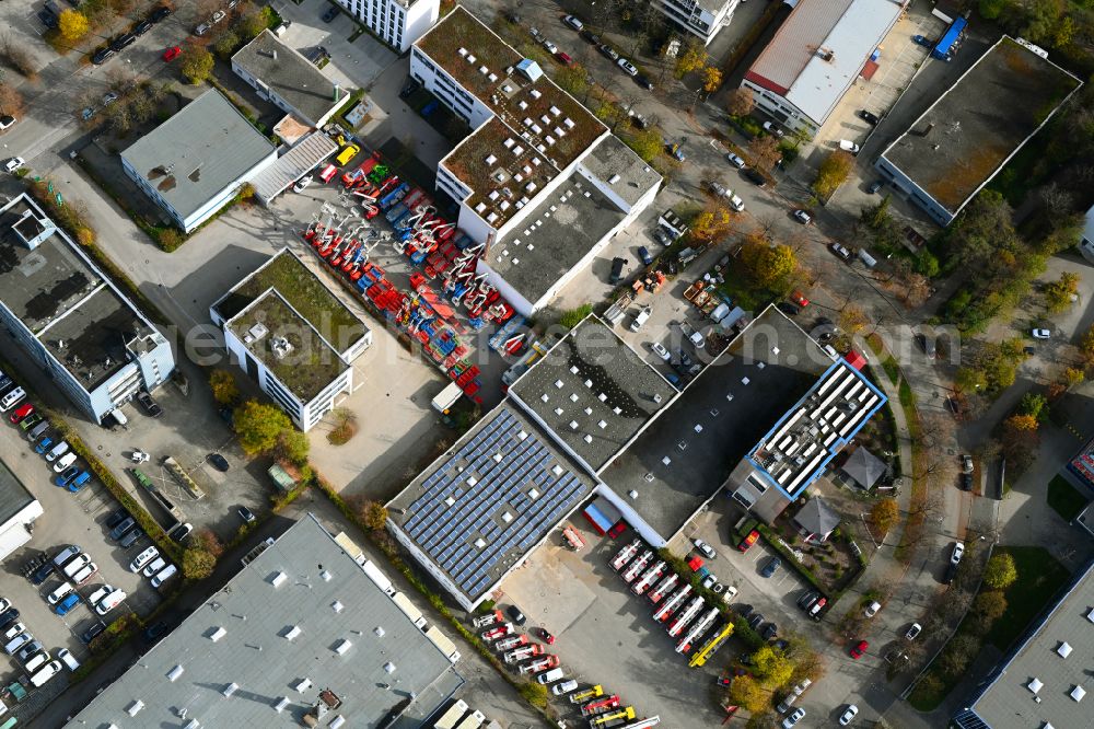 München from above - Industrial estate and company settlement on street Stahlgruberring in the district Trudering-Riem in Munich in the state Bavaria, Germany