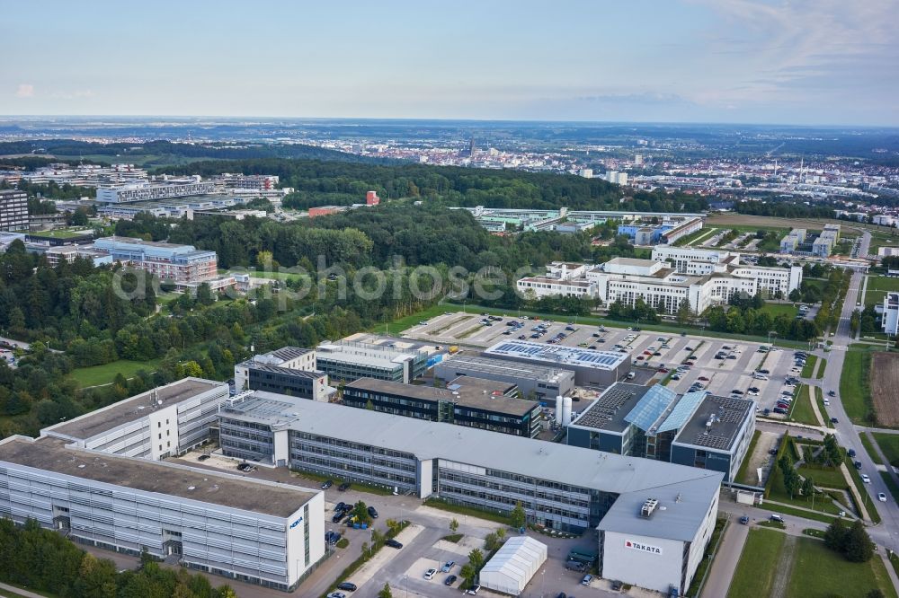 Ulm from the bird's eye view: Industrial estate and company settlement in Ulm Eselsberg in the state Baden-Wurttemberg, Germany