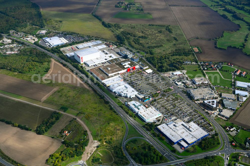 Waltersdorf from above - Industrial estate and company settlement along the Gruenauer Strasse in Waltersdorf in the state Brandenburg, Germany