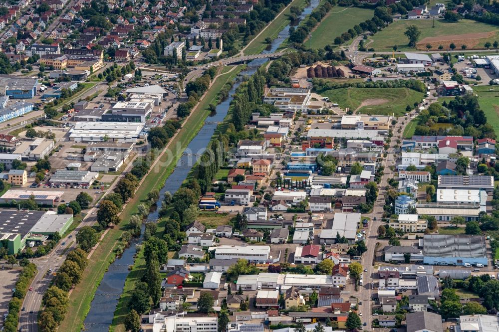 Emmendingen from above - Industrial estate and company settlement Westlich of Elz in Emmendingen in the state Baden-Wuerttemberg, Germany