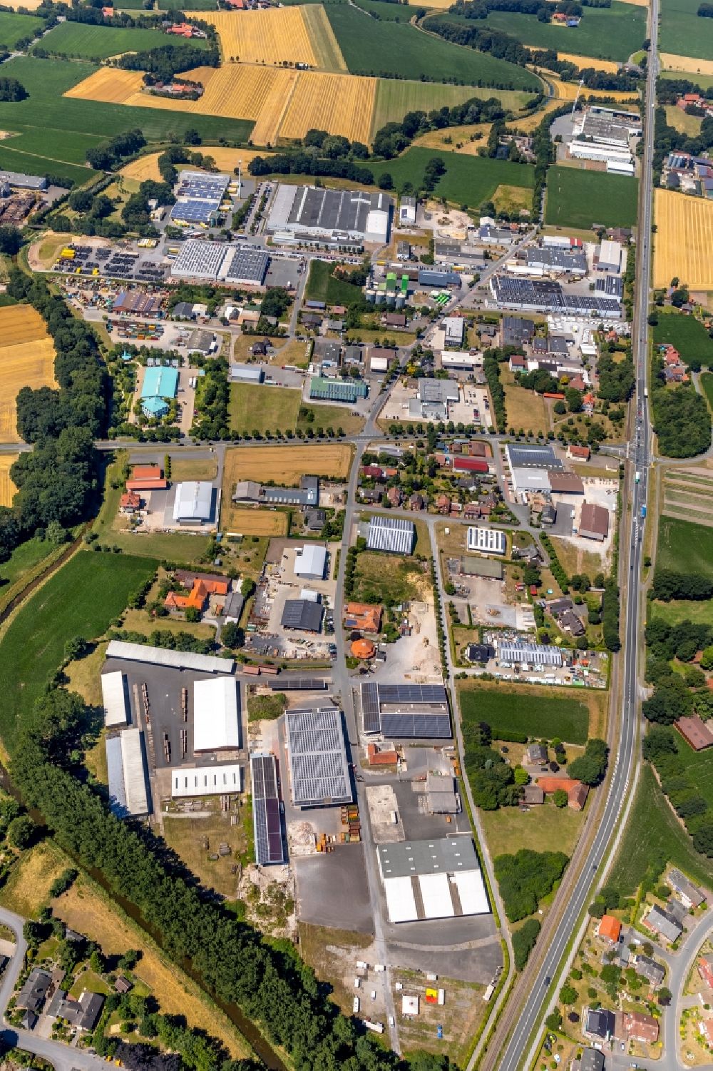 Beelen from above - Industrial estate and company settlement on Westring in Beelen in the state North Rhine-Westphalia, Germany
