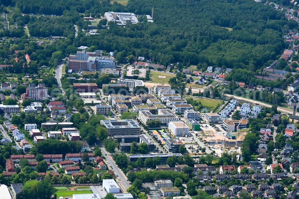 Osnabrück from the bird's eye view: Industrial estate and company settlement WissenschaftsPark on street Albert-Einstein-Strasse in Osnabrueck in the state Lower Saxony, Germany