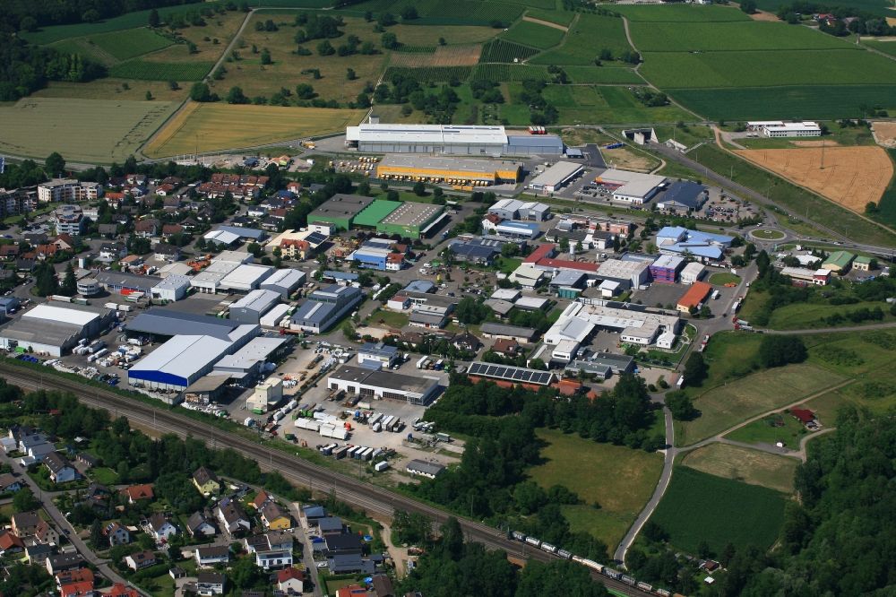 Efringen-Kirchen from above - Industrial estate and company settlements in the district Efringen in Efringen-Kirchen in the state Baden-Wurttemberg