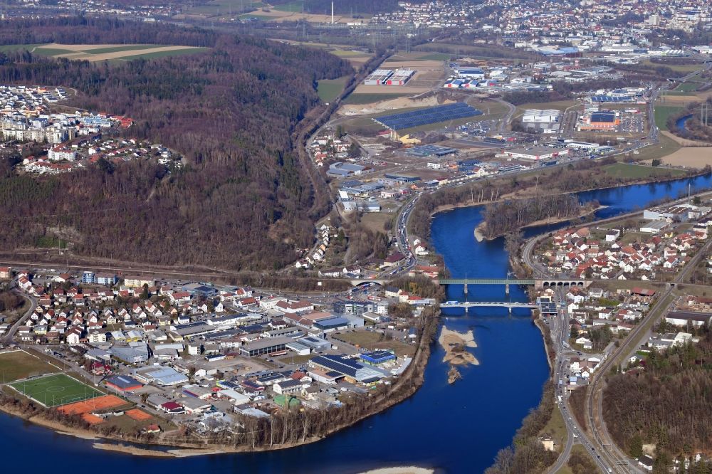 Aerial image Waldshut-Tiengen - Commercial areas and company settlements Schmittenau and Hochrheinpark in Waldshut-Tiengen in the state Baden-Wuerttemberg, Germany