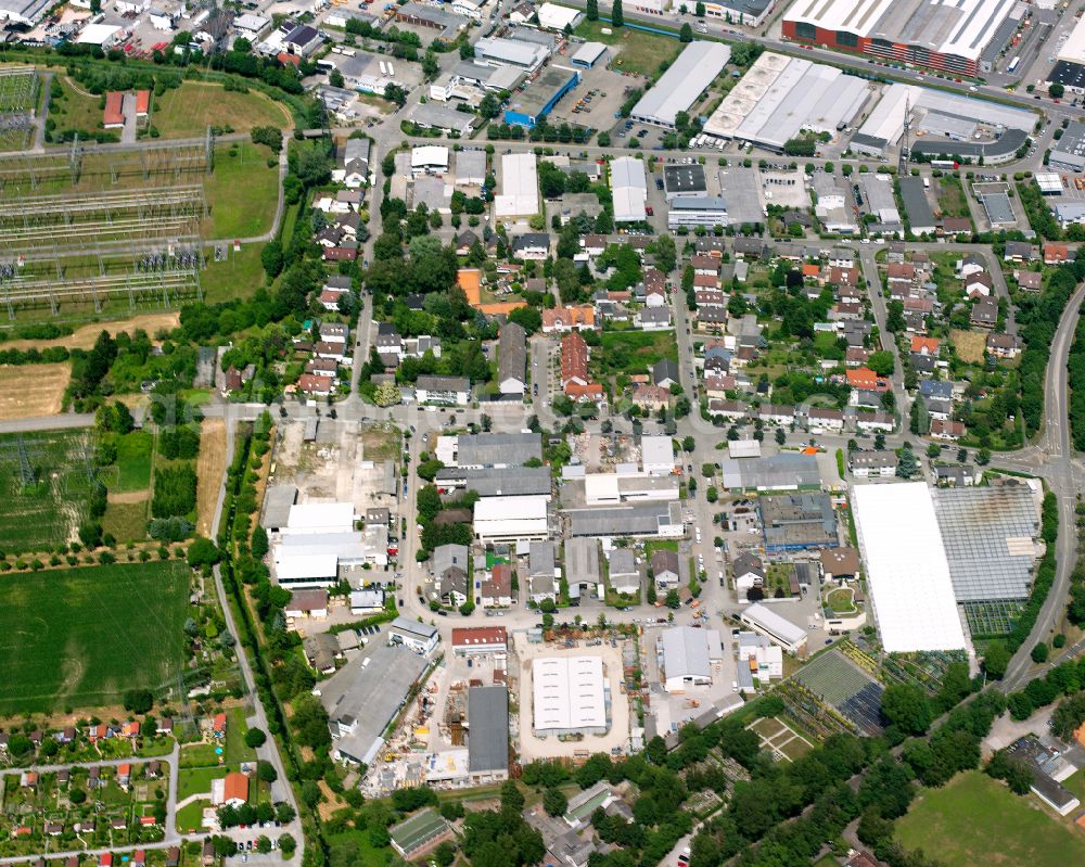 Aerial image Karlsruhe - Mixed development of commercial units and company branches in the residential area of a single-family housing estate between Waidweg and Hermann-Schneider-Allee in the district Daxlanden in Karlsruhe in the state Baden-Wuerttemberg, Germany
