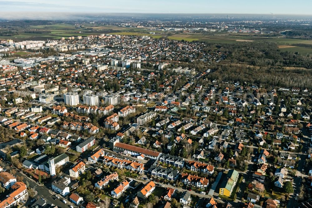 Aerial photograph Germering - Mixed development of commercial units and company branches in the residential area of a single-family housing estate Friedenstrasse - Riestrasse in the district Unterpfaffenhofen in Germering in the state Bavaria, Germany