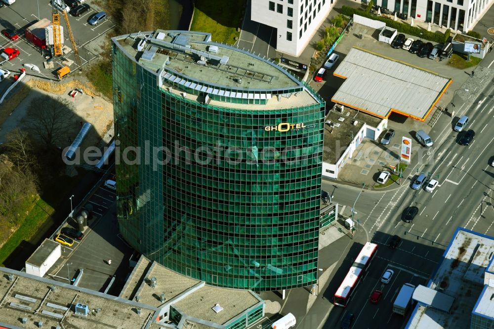 Aerial image Würzburg - High-rise building of the hotel complex GHOTEL hotel & living on the Pleichach in Wuerzburg in the state Bavaria, Germany