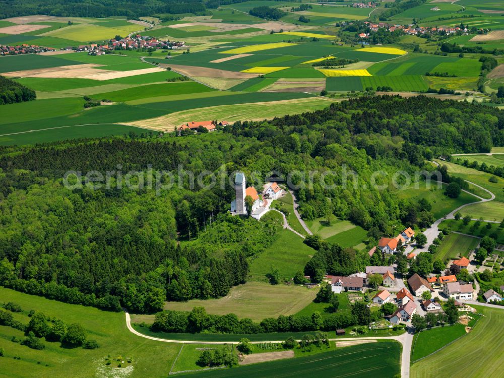 Offingen from above - Mountain Bussen with ther pilgrimage church in Offingen in the state Baden-Wuerttemberg, Germany